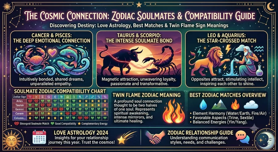 Zodiac wheel showing the most powerful soulmate zodiac sign compatibility pairings with elemental color coding